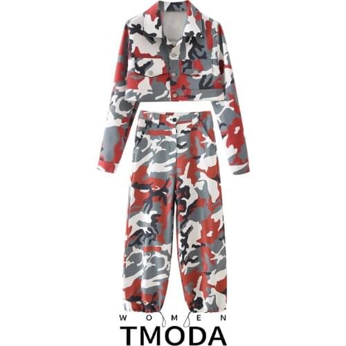 TMODA1759 2021 Summer Women Fashion Camouflage Short Jacket Coat Suit And Drawstring Casual Pant Female 2 Piece Set Outfits