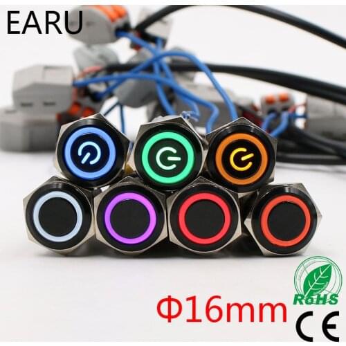 16mm Alumina Black LED Light Waterproof Metal Push Button Switch Latching Momentary Fixation LED Light 3-380V 24V Red Blue Green