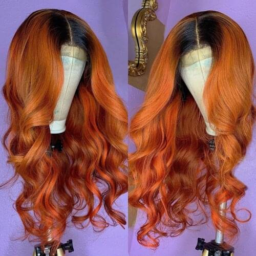 Wavy Lace Front Human Hair Wigs Ombre 1B/Orange Ginger Lace Front Wig Peruvian Lace Closure Wig T Part Lace Wig For Women 180