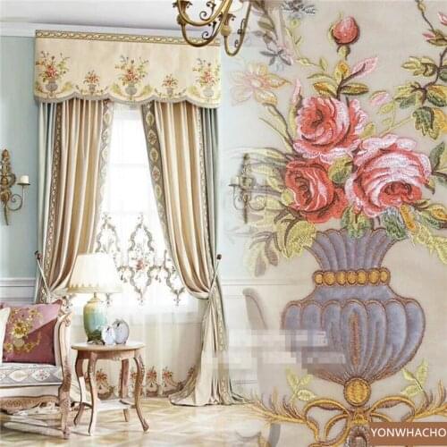 Custom curtains Upscale luxury villa living room stitching beige thick velvet cloth blackout curtain tulle valance drape B809