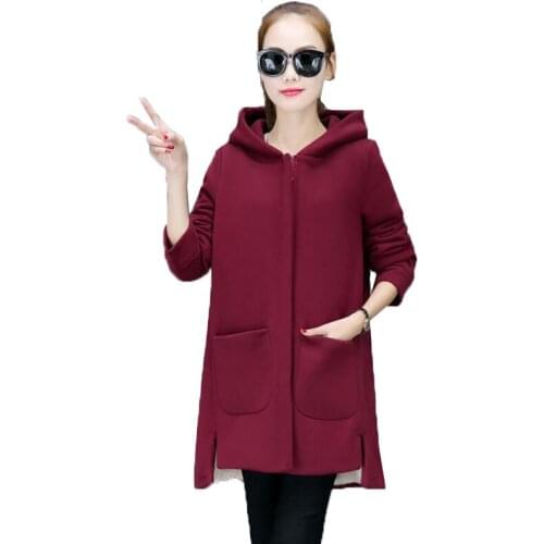 Womens Windbreaker Jacket Mid-Long Hooded Pocket Casual Coat Autumn Winter Plus Velvet Thickening Warm Outerwear Sportswear