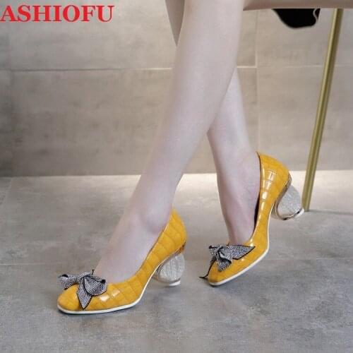 ASHIOFU Handmade Newest 2020 Womens Thick Heel Pumps Butterfly-knot Crystal Heel Party Dress Shoes Slip-on Evening Court Shoes