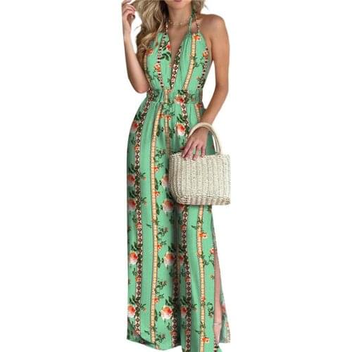 Women Floral Print Sleeveless V-neck Halter Backless Slit Wide Leg Jumpsuit Streetwear Summer Boho Long Playsuit Overalls Romper