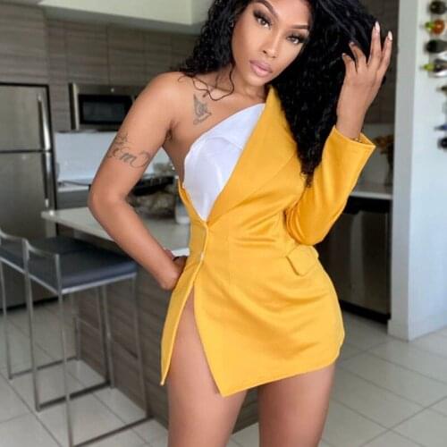 Color Block Patchwork Long Sleeve Blazer Dress Women One Shoulder Single-Breasted Slim Bodycon Mini Dress Y2K Roupas Femininas