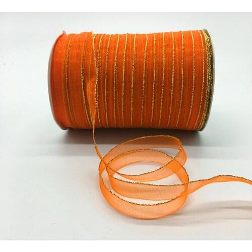 10yds/lot 3/8" 10mm Orange Glitter Golden Rimmed Organza Ribbon Bow Hair Wedding Decoration Lace Crafts