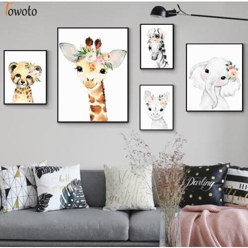 Watercolor Animals Prints Minimalist Baby Giraffe Zebra Canvas Painting Nordic Poster Nursery Wall Art Pictures Kids Room Decor