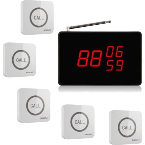 SINGCALL Wireless Restaurant calling system, 1 Screen, Display with 5 Touchable Single Bells, Waterproof Function