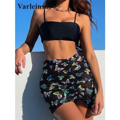 High Cut Bikini Women Swimwear Female Swimsuit Three-pieces Bikini set With Butterfly Print Skirt Bather Bathing Suit Swim V3188