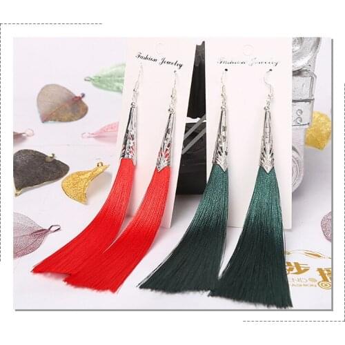 BTWGL Fashion Bohemian Tassel Alloy Long Earrings White Red Silk Fabric Pendant Ladies Pendant Tassel Earrings 2020Jewelry