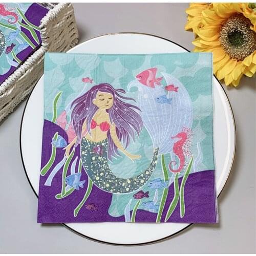 20Pcs/Pack Cute Mermaid Decoupage Paper Napkins Marine Life Paper Tissues for Girls Birthday Party Table Decorations Hot Sale I