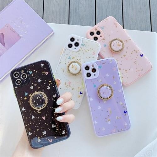 Ring Holder Glitter Gold Foil Colorful Love Heart Pink Purple Phone Case for iPhone 11 Pro Xs Max XR X 7 8 Plus SE 2020 Cover