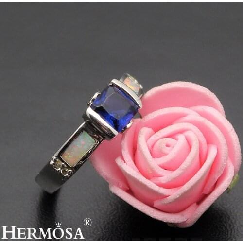 Hermosa Big Promotion Hot Sale Unique White Australian Opal Sapphiree Wedding Rings Size 6.5 DF43