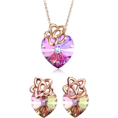 COCOM 925 Sterling Silver Romantic Flower Heart Shaped Jewelry Set Rose Gold Plated Purple Austrian Crystals Valentines Day Gift