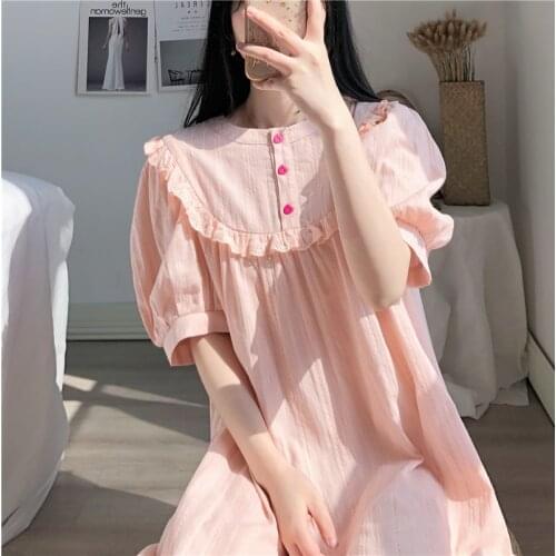 Summer Ladies sleeping dress Pure Cotton Short Sleeved Night Dress Women Breathable Loose Thin Casual Home Skirt sleepwear