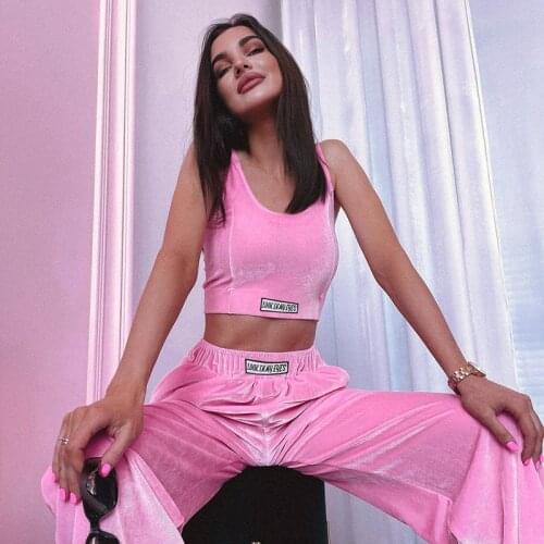 Summer Fashion Sports Style Two-piece New Korean Velvet Casual Loose Ladies Vest Trousers Suit Elastic Waist Pink -40