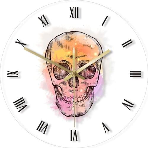 Roman Numerals Wall Clock Watercolour Skull Head Vintage Illuminated Scary Skeleton Timepiece Halloween Hanging Painting Drawn