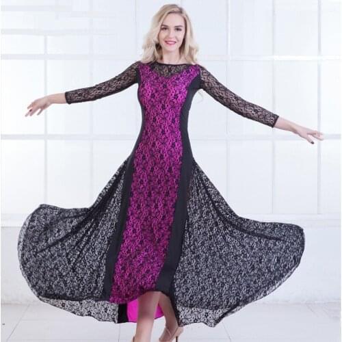 New Modern Dance Practice Clothes For Women Adult Long Sleeve Black Lace 4 Color Dress Ballroom Dance Waltz Costumes DQL3343