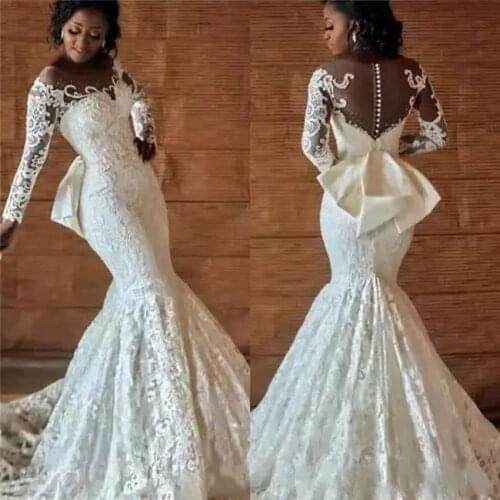 New Black Girls Vintage Lace Long Sleeve Mermaid Wedding Dresses Bridal Gowns African Cheap Country Wedding Gowns For Muslim