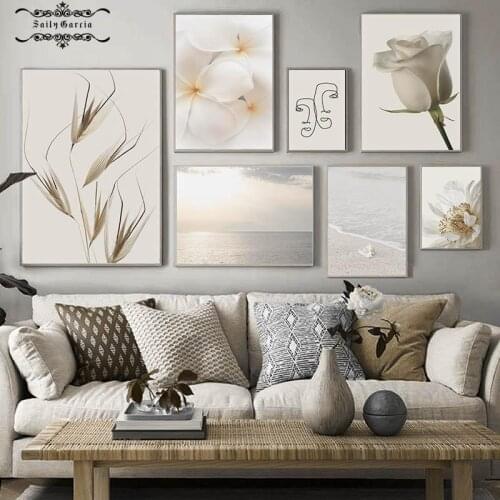 Peony Flower Beige Canvas Painting Seascape Nordic Abstract Line Drawing Poster and Prints for Modern Home Decoration Pictures