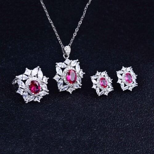 QTT Luxury 925 Sterling Silver Ruby Gemstone Jewelry Sets for Women Wedding Party Earrings Pendant Necklace Set Gift