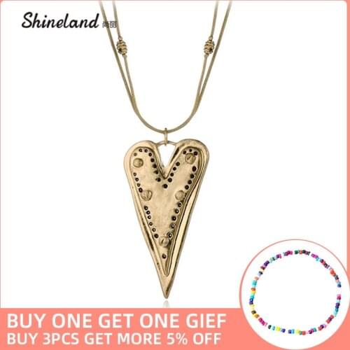 Shineland Vintage Long Statement Necklace Antique Trendy Two Layers Heart Shaped Sweater Chain Women Fashion Jewelry Gift 2021