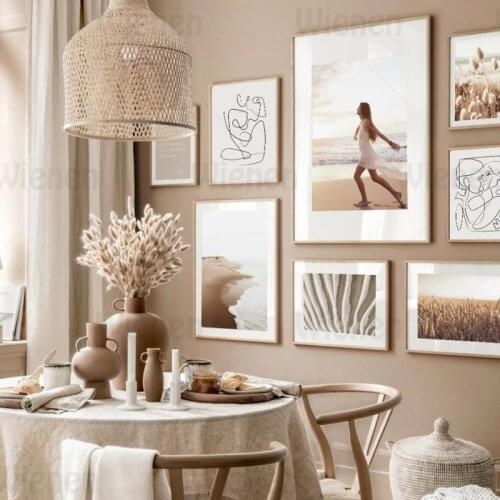 Nordic Beige Posters and Prints Canvas Painting Wheat Beach Abstract Line Lover Kiss Drawing Wall Art Pictures Home Decoration