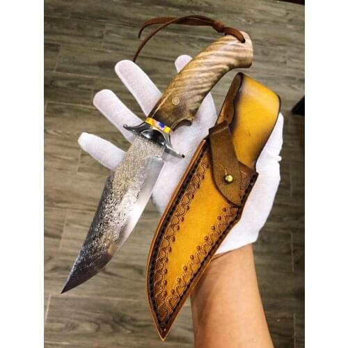 High-end Japanese imported Damascus collection straight knife red sandalwood hunting knife sharp tactical close defense knife