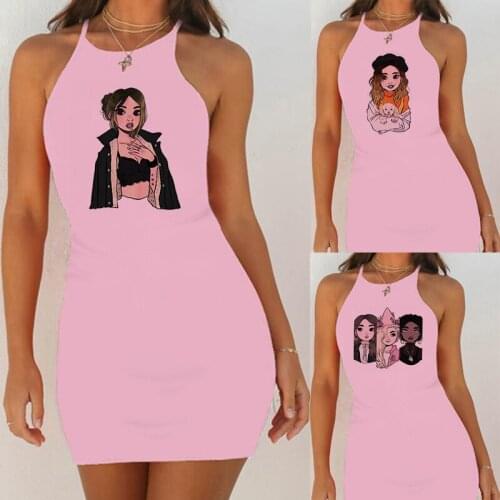 Y2k Women Sling Casual Funny Girl Print Short Dress Mini Sleeveless Sexy Summer O-neck Slim Pack Hip Party Club Female Clothing