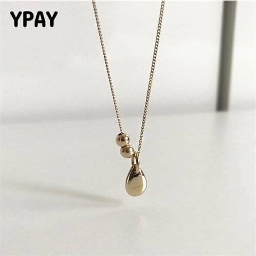 YPAY 100% Real 925 Sterling Silver Necklaces Women Korea INS Water Drop Gold Bead Pendant Necklace Party Jewelry Gifts YMN180