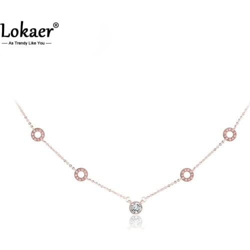 Lokaer Classic Titanium Steel 5Pcs Circles Cubic Zirconia Choker Neckalce Gold Color Lovely Pendants Jewelry For Women N17013