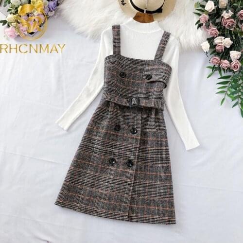 Vintage Women Dress 2020 Autumn Winter Two Piece Set Knitted Sweater Top and Wool Plaid Dress Women Elegant Office Dress Sashes