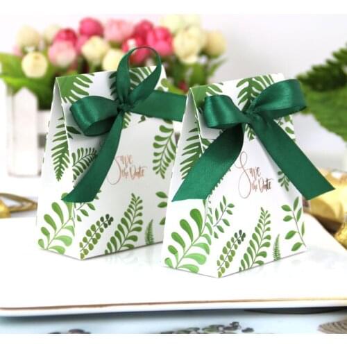 10pcs European Wedding Favor Candy Box Green Forest Style Chocolate Gift Box With Ribbon For Baby Shower Birthday Party Supplies