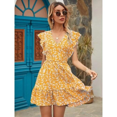 2021 Summer Short Dress Women V Neck Holiday Beach Dresses Boho Print A Line Short Sleeve Ruffles Dresses Vestidos Clothes
