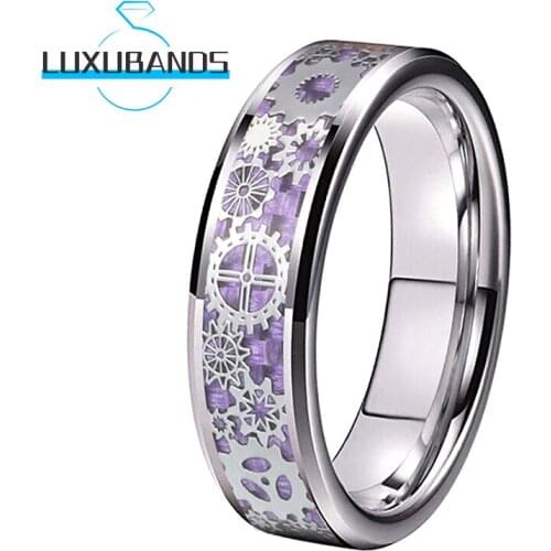 6MM Womens Wedding Rings Tungsten Engagement Bands Beveled Edges Gear Purple Carbon-Fiber Inlay Polished Finished Comfort Fit