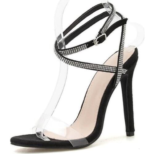 Brand Women Sandals Summer Shoes Round Toe PVC 11.5CM Thin Heels High heels Buckle Strap Rhinestones women shoes size 35-42