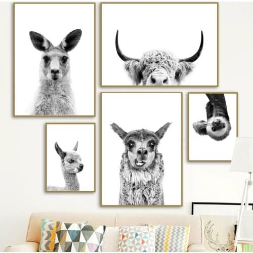 Black and White Animal Canvas Painting Posters Prints Kangaroo Alpaca Otter Nordic Childrens Kids Room Decoration Pictures
