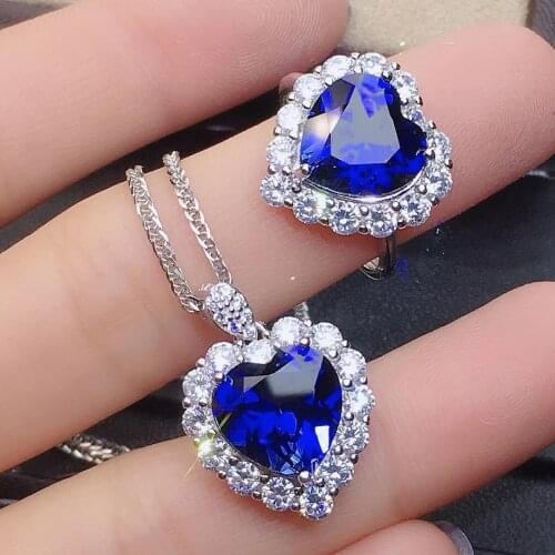 BLACK ANGEL 2021 New Romantic Love Heart Jewelry Set Inlaid Blue Gemstone Pendant Necklace Resizable Ring Wedding Gift For Women