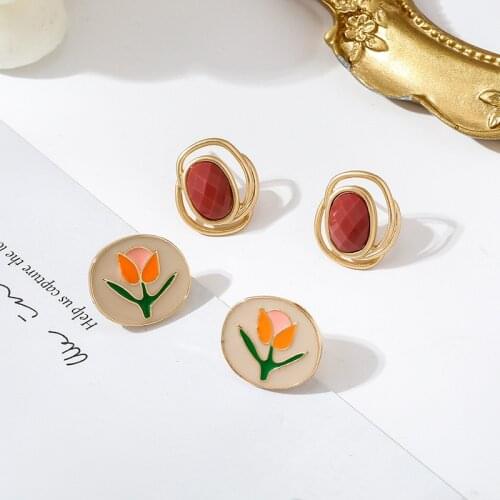French Gentle Tulip Flower Red Stone Round Clip Earrings Retro Simple Oil Drop Flowers Earrrings Clips Without Pierced Ears