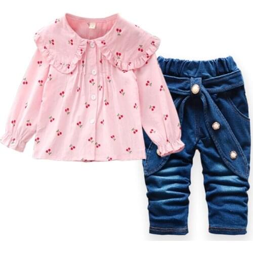 IENENS Baby Girl Clothes Clothing Sets Cherry Blouses + Pants Outfits Suits Child Casual Long Sleeve Shirt Outfit Spring Wear
