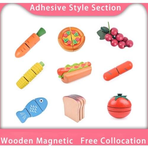 Toy Woo Kids Kitchen Toy Set Adhesive Style Fruit Vegetable Cutting Kids Pretend Play Girl Toys Children Kitchen Wooden Toys