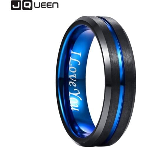 JQUEEN Mens 6mm Tungsten Carbide Ring Blue & Black Matte Finish Beveled Edge Wedding Band Size 6 to 17 AAA Quality