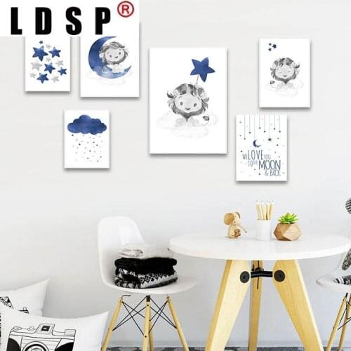 LDSP Cartoon Blue Lion Moon Stars Animal Canvas Painting Wall Art Print Poster Picture Modern Baby Child Kids Bedroom Home Decor