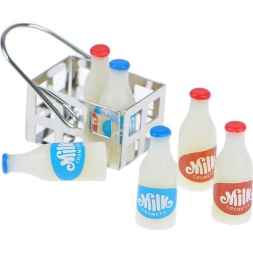 1pc 1/12 Doll house Furniture Miniature Metal Milk Basket with 6pcs Bottles Set Dolls House Kitchen Porch accessories Decor