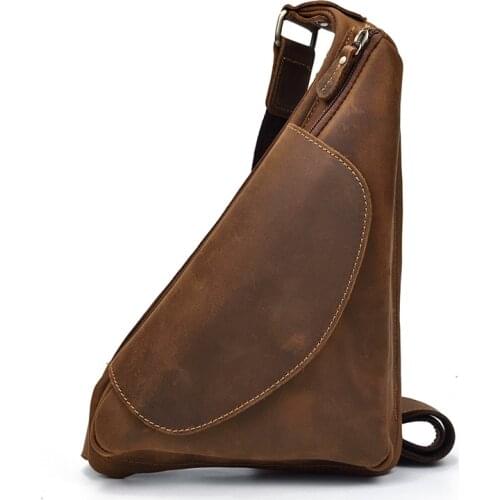 Mens leather chest bag Crazy Horse leather retro messenger bag outdoor cowhide shoulder bag