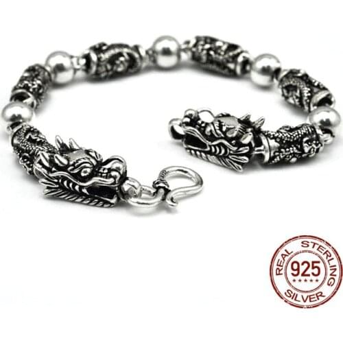 Men Bracelets 925 Sterling Silver color Vintage Punk Rock Double Dragon Head Bracelet Fine Thai Silver color Jewelry Best Gift