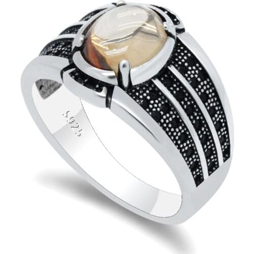 100% 925 Sterling Silver Ring For Men With CZ Stone Champagne/Black CZ Stone Lines Exquisite Ring for Men Party Wedding Ring