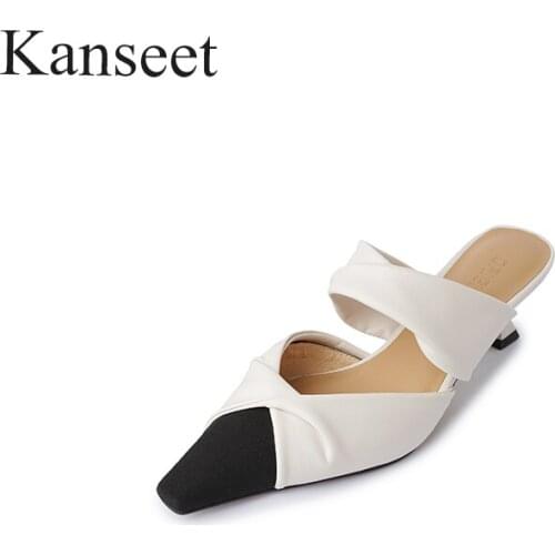 Kanseet 2021 New Women Slippers Summer Small Square Toe Genuine Leather Patchwork Handmade Fashion Design 4.5cm Mid Heels Shoes