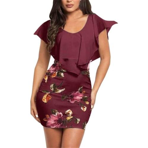 Elegant Summer Dresses Women Ruffle Floral Printed Sleeveless Bodycon Dress High Waist Holiday Party Mini Dress Party Vestidos