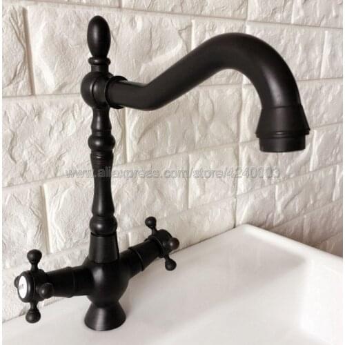 Dual Handle Swivel Bathroom Kitchen Sink Faucet Black Color Brass Mixer Tap with Hot and Cold Water Deck Mounted Knf381