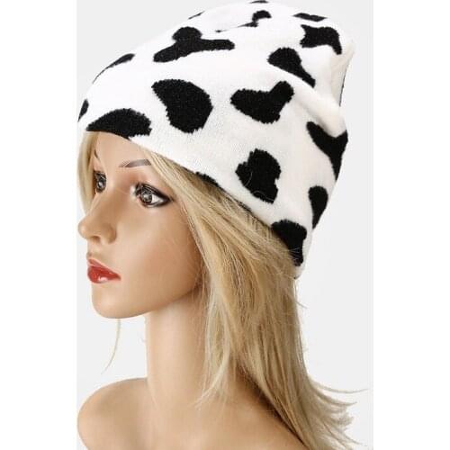 Autumn Winter Hat Women Zebra Striped Cow Pattern Knitted Brimless Hat Leopard Ladies Beanie Windproof Soft Wool Trendy Hat